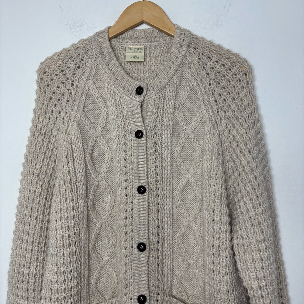 Falcara Ireland Wool Button Cardigan Fisherman Sweater Pockets Chunky Cable Knit - Picture 2 of 11